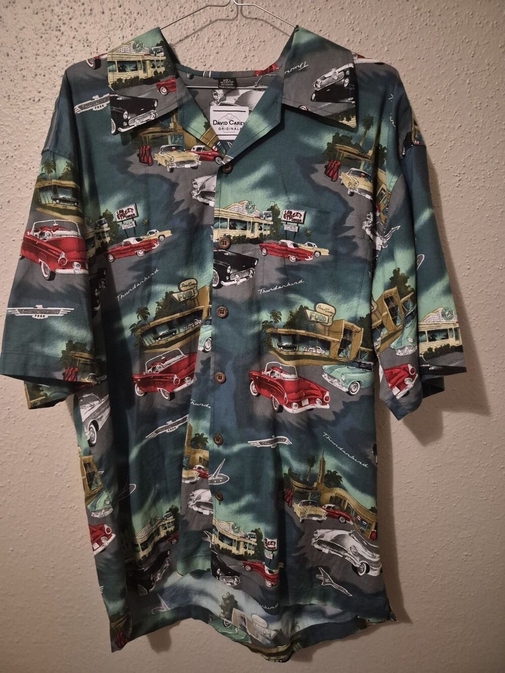 David Carey Mens L Shirt Green Ford Thunderbird Classic Car Vintage Diner